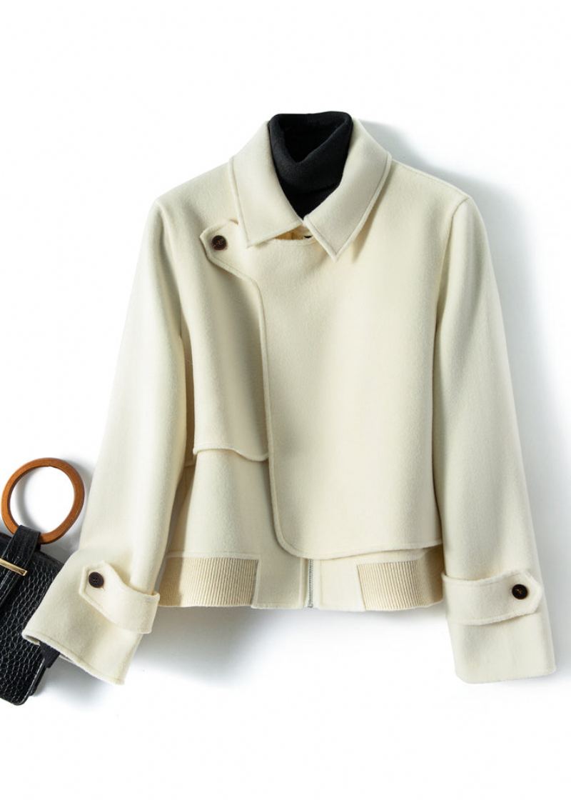 Manteau En Laine Blanc Outwear Asymétrique Col Claudine Automne - Manteaux en laine femmes