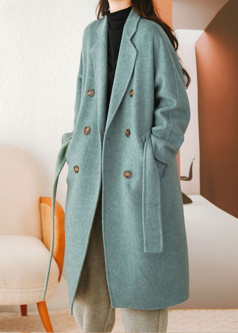 Manteau En Laine Bleu Avec Ceintures Double Poitrine Automne