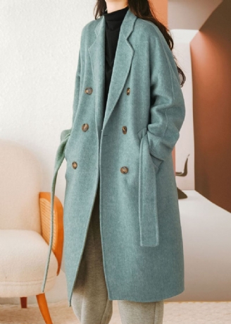 Manteau En Laine Bleu Avec Ceintures Double Poitrine Automne