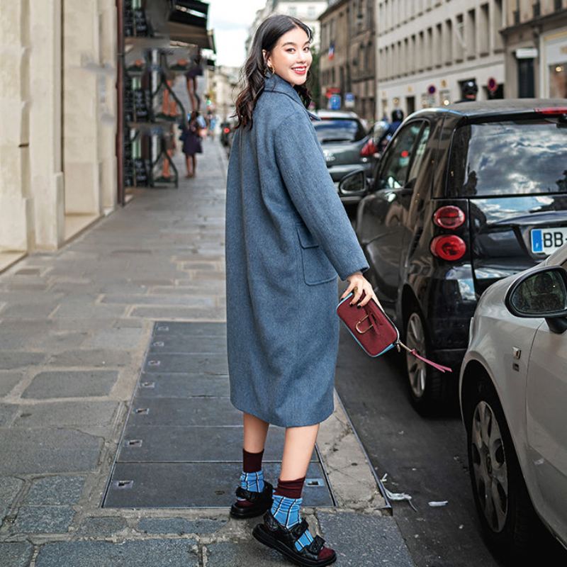 Manteau En Laine Bleu Gris Élégant Grande Taille Poches Crantées À La Mode En À Double Boutonnage - Manteaux en laine femmes