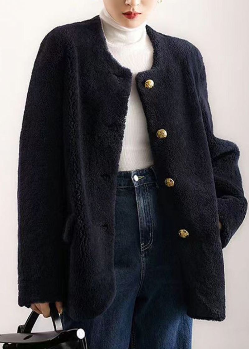 Manteau En Laine Bleu Marine Élégant Col Rond Poches Boutons Patchwork Hiver