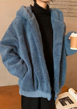 Manteau En Laine Bleu À La Mode Manteaux Amples Mi-longs À Capuche Vêtements D'extérieur D'hiver