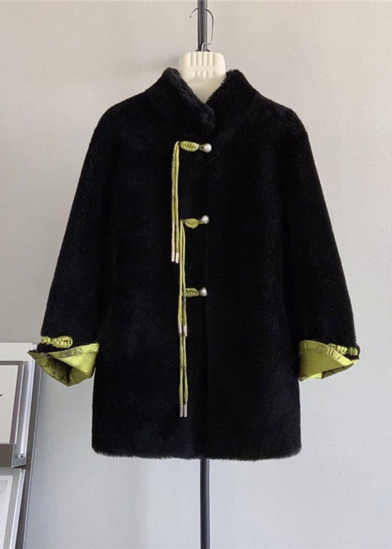 Manteau En Laine À Boutons Chinois Rétro Noir Col Montant Pompon Hiver