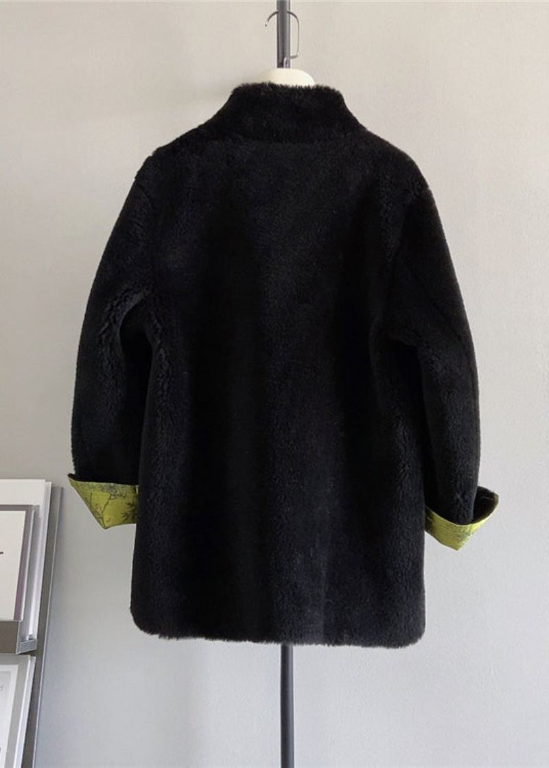 Manteau En Laine À Boutons Chinois Rétro Noir Col Montant Pompon Hiver - Manteaux en laine femmes