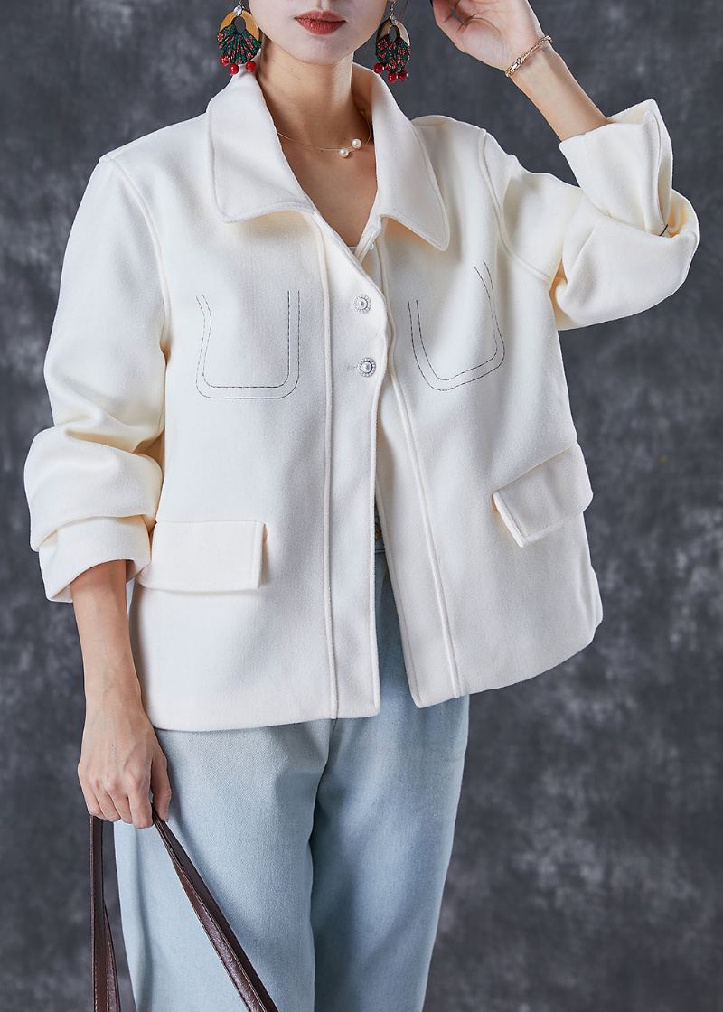 Manteau En Laine Brodé Blanc À La Mode Automne