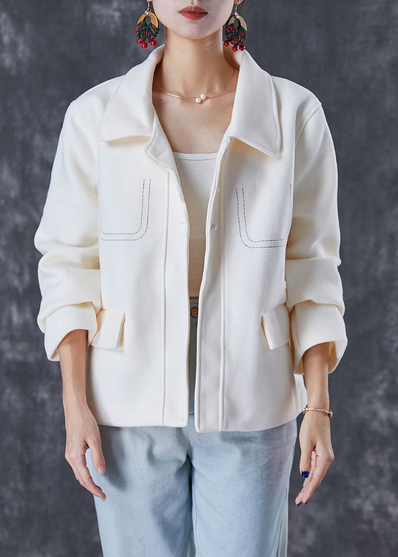 Manteau En Laine Brodé Blanc À La Mode Automne - Manteaux en laine femmes