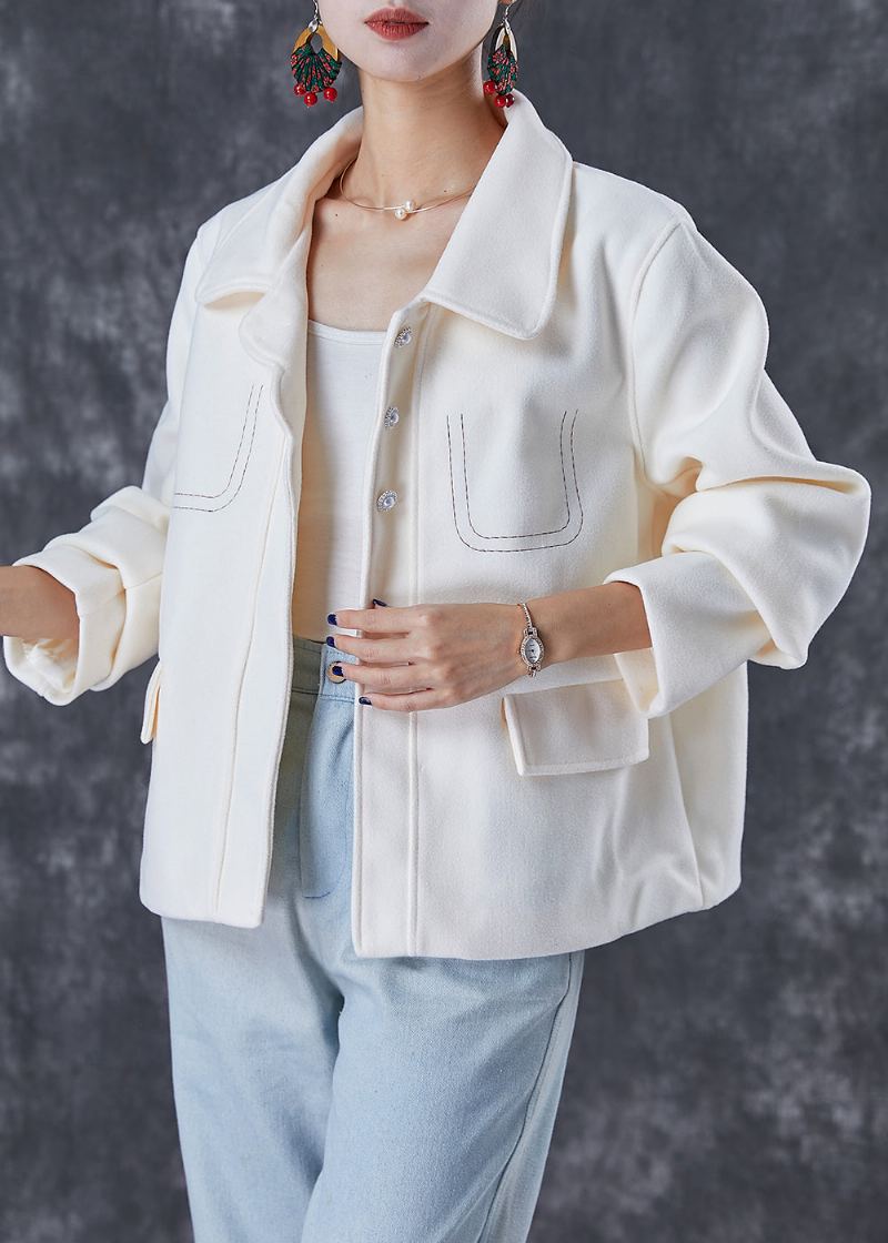 Manteau En Laine Brodé Blanc À La Mode Automne - Manteaux en laine femmes