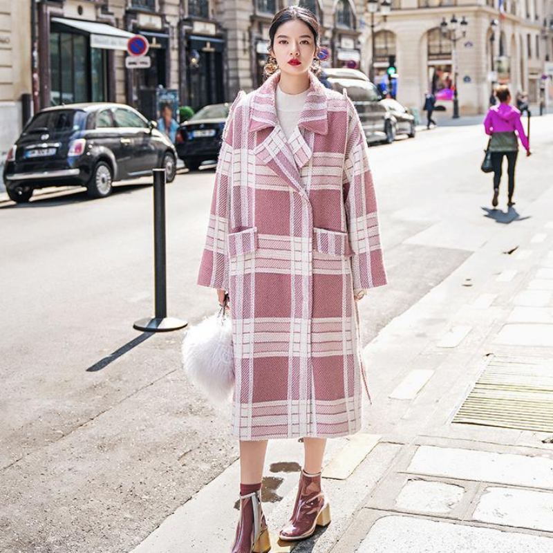 Manteau En Laine À Carreaux Décontracté Cravate Crantée À La Taille Maxi À Poches À La Mode