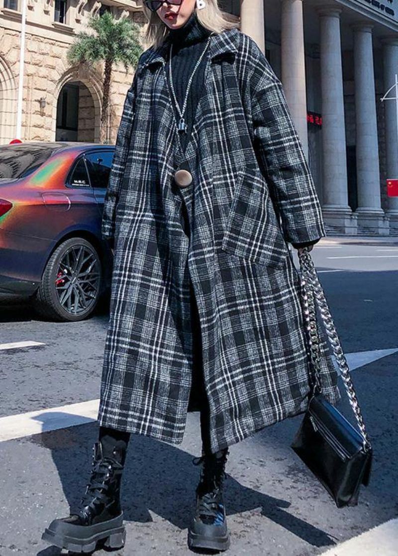 Manteau En Laine À Carreaux Gris Élégant Pour Femmes Grande Taille Poches Crantées Manteaux Longs