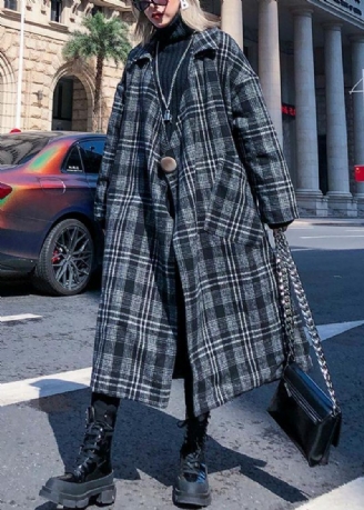 Manteau En Laine À Carreaux Gris Élégant Pour Femmes Grande Taille Poches Crantées Manteaux Longs