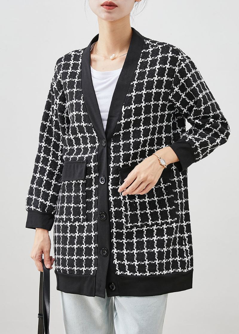 Manteau En Laine À Carreaux Noir Avec Poches Et Col En V Automne - Manteaux en laine femmes