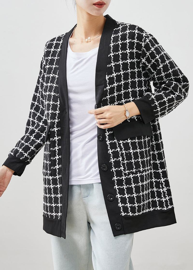 Manteau En Laine À Carreaux Noir Avec Poches Et Col En V Automne - Manteaux en laine femmes