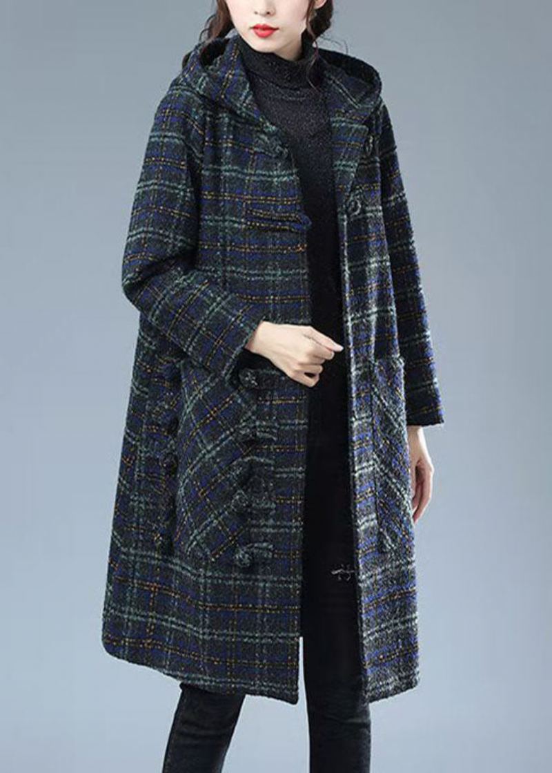 Manteau En Laine Chaud À Carreaux Bleu Vert Vêtements D'extérieur Avec Poches À Capuche Hiver - Plaid Vert Bleu