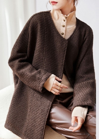 Manteau En Laine Confortable En Patchwork De Boutons De Café De Grande Taille Automne