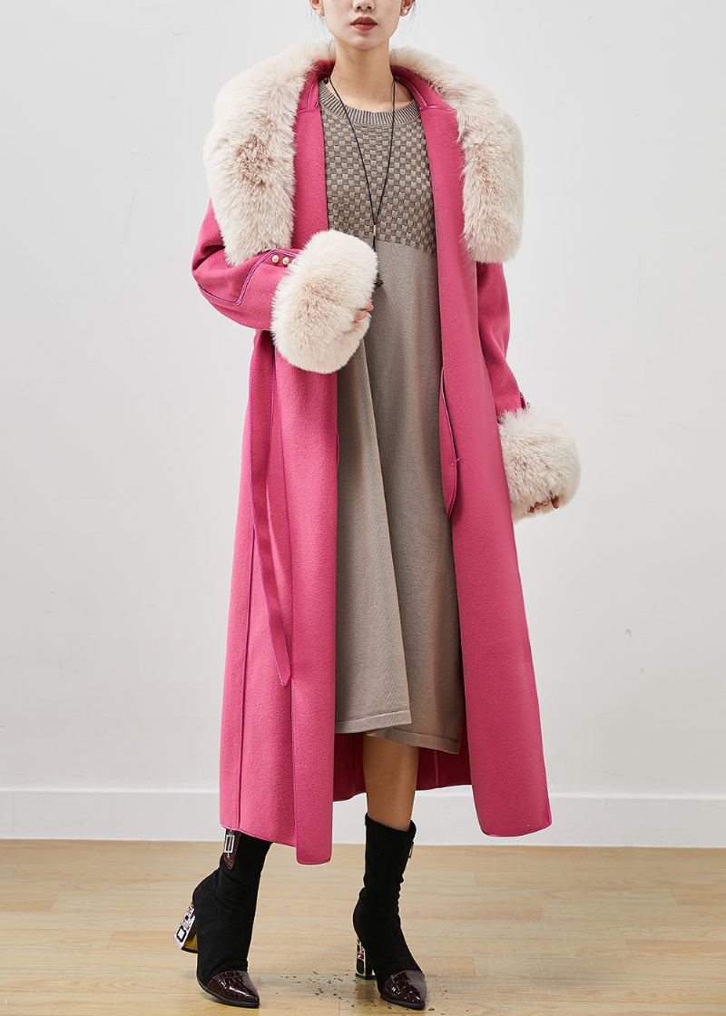 Manteau En Laine Coupe Silm Rose Vêtements D'extérieur Col En Fourrure Cravate À La Taille Automne - Manteaux en laine femmes