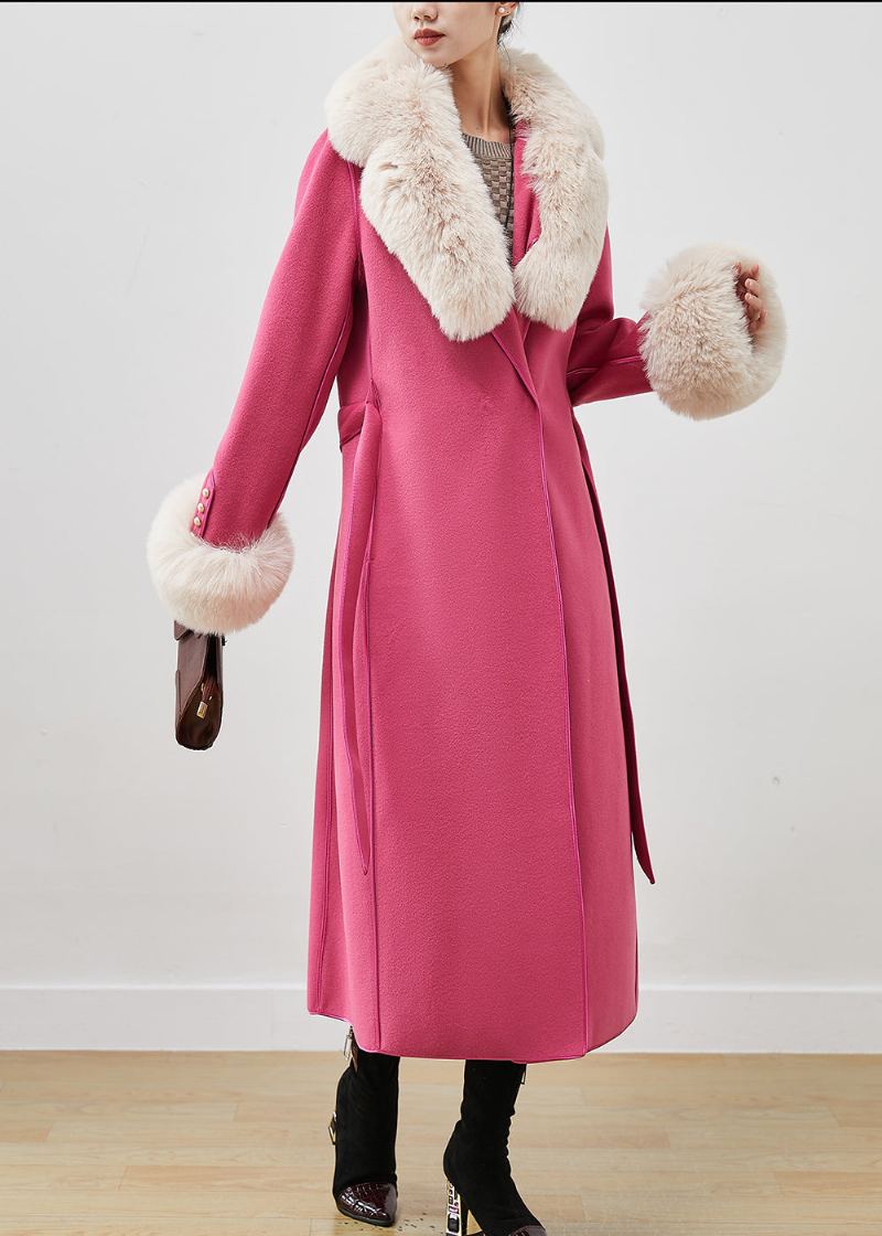 Manteau En Laine Coupe Silm Rose Vêtements D'extérieur Col En Fourrure Cravate À La Taille Automne - Manteaux en laine femmes