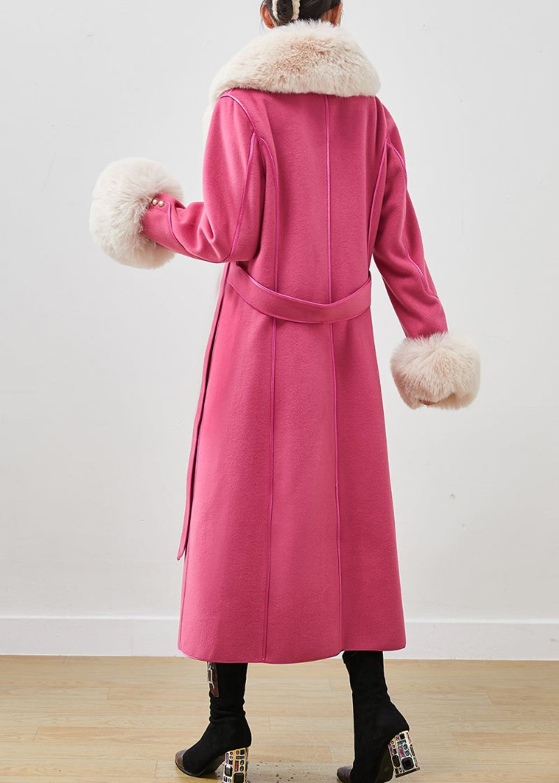 Manteau En Laine Coupe Silm Rose Vêtements D'extérieur Col En Fourrure Cravate À La Taille Automne - Manteaux en laine femmes