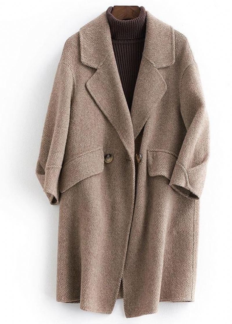 Manteau En Laine Cranté Kaki Pour Femme Grande Taille Poches Vêtements D'extérieur