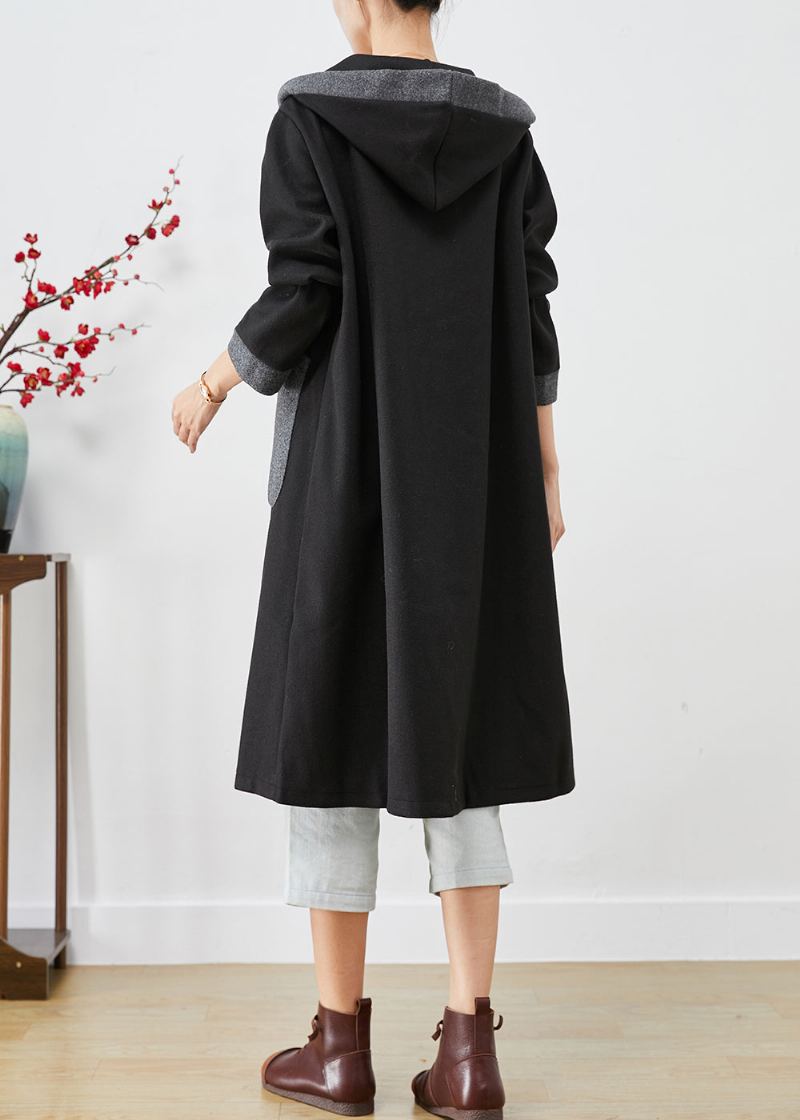 Manteau En Laine Français Noir À Capuche Poches Patchwork Vêtements D'extérieur Automne - Manteaux en laine femmes