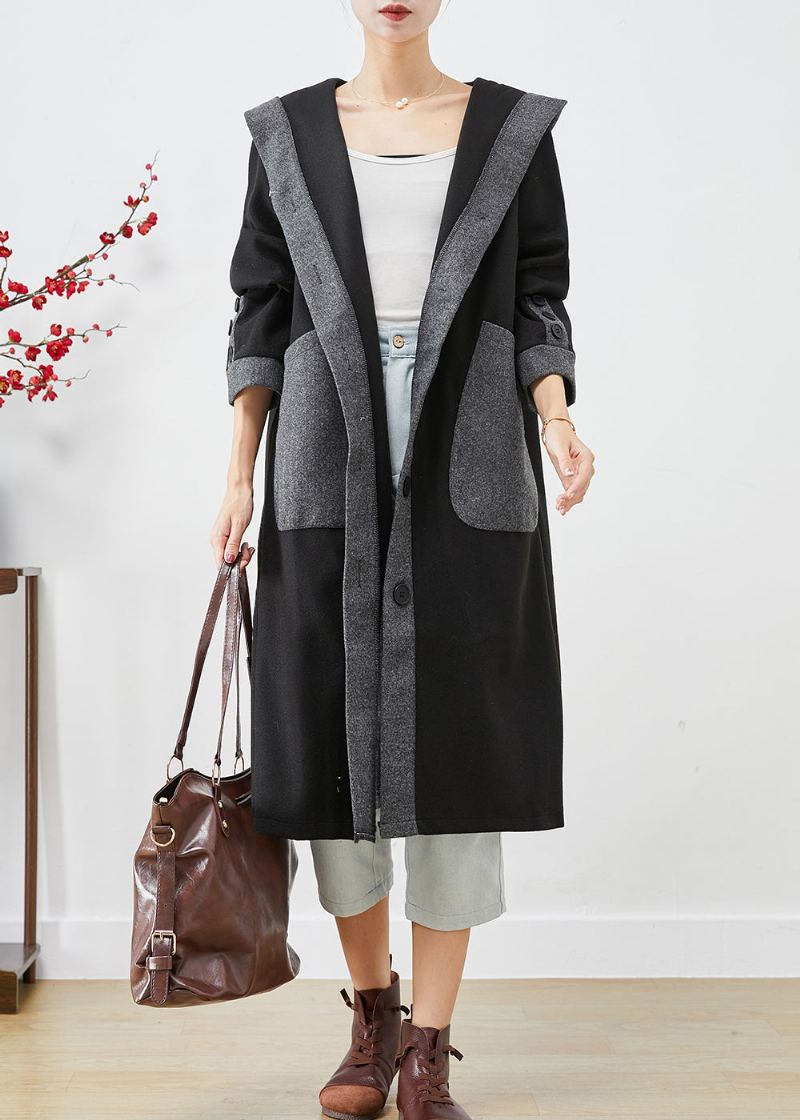 Manteau En Laine Français Noir À Capuche Poches Patchwork Vêtements D'extérieur Automne - Manteaux en laine femmes