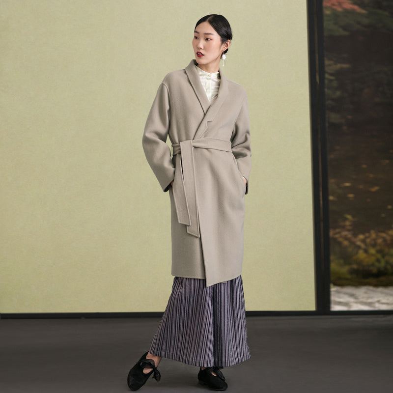 Manteau En Laine Gris Clair Élégant Col Montant Décontracté D'hiver Cravate À La Taille Manteaux Pour Femmes