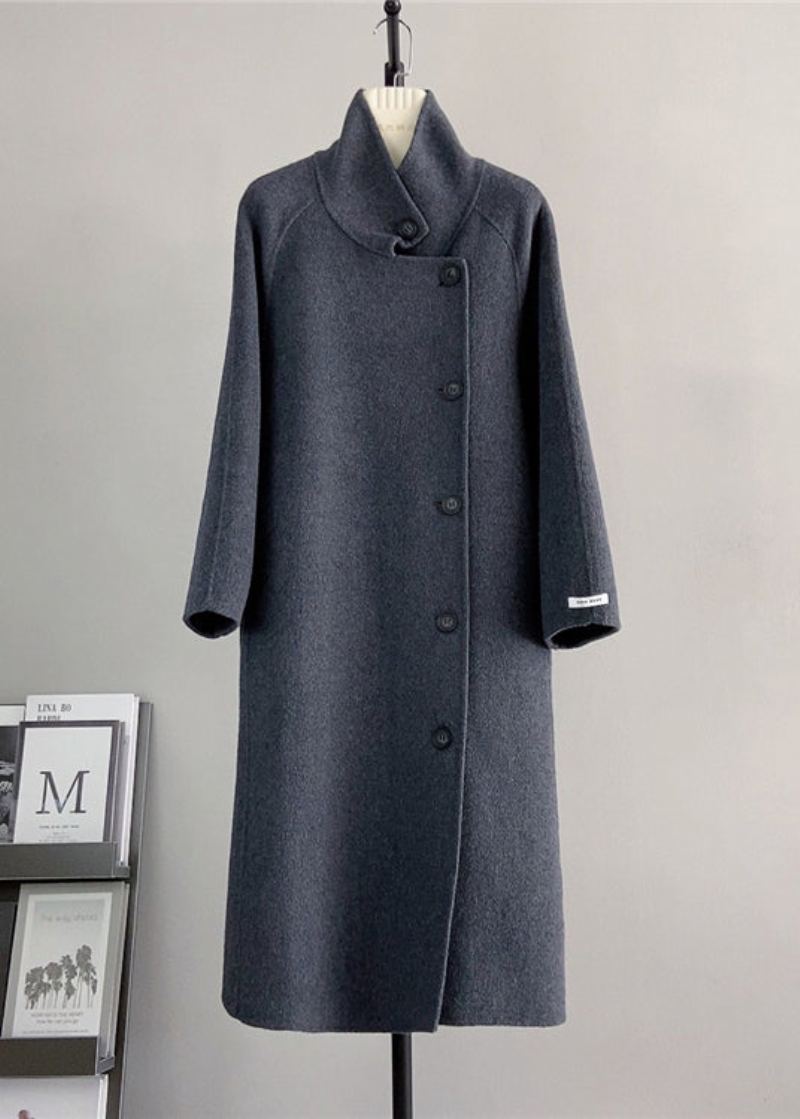 Manteau En Laine Gris Foncé Élégant Col Montant Cravate À La Taille Hiver