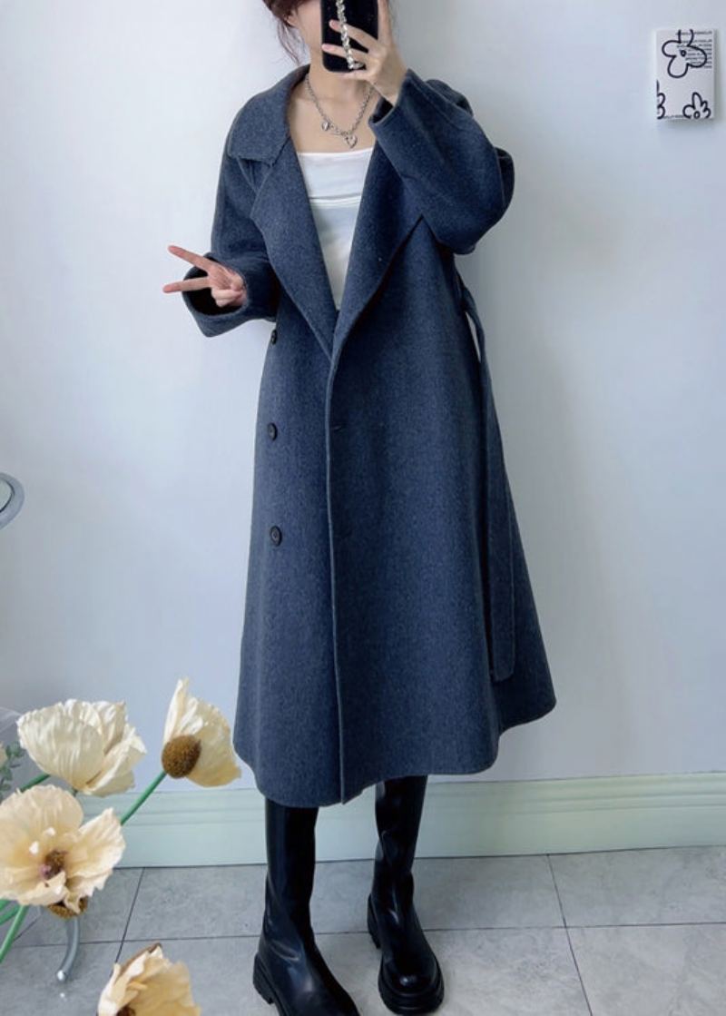 Manteau En Laine Gris Foncé Élégant Col Montant Cravate À La Taille Hiver - Manteaux en laine femmes