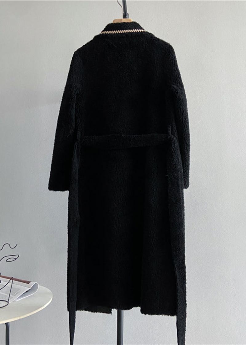 Manteau En Laine Italien Avec Poches Crantées Noires Cravate À La Taille Hiver - Manteaux en laine femmes