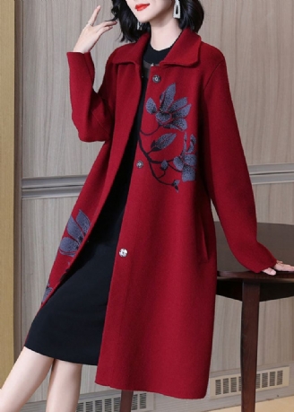 Manteau En Laine Jacquard Rouge Avec Col Peter Pan Et Poches Boutonnées Printemps