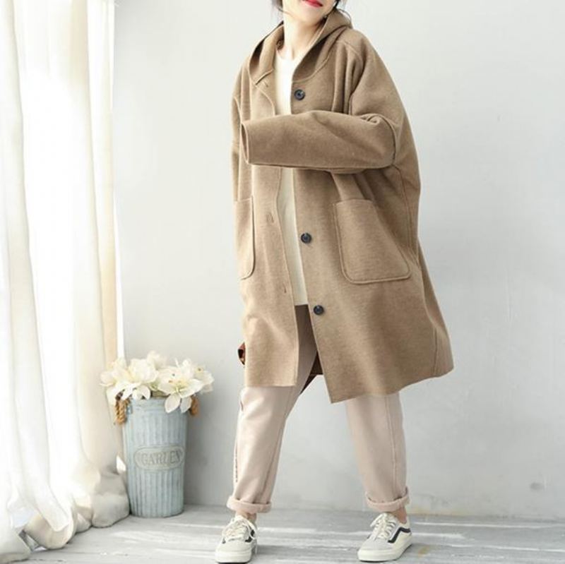 Manteau En Laine De Longueur Moyenne À Capuche Simple Kaki À La Mode Pour Femmes - Manteaux en laine femmes