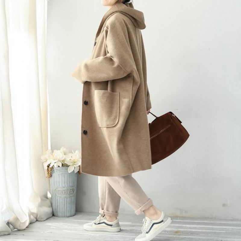 Manteau En Laine De Longueur Moyenne À Capuche Simple Kaki À La Mode Pour Femmes - Manteaux en laine femmes