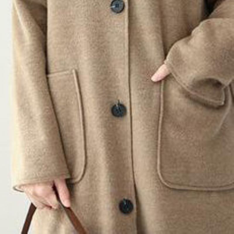 Manteau En Laine De Longueur Moyenne À Capuche Simple Kaki À La Mode Pour Femmes - Manteaux en laine femmes