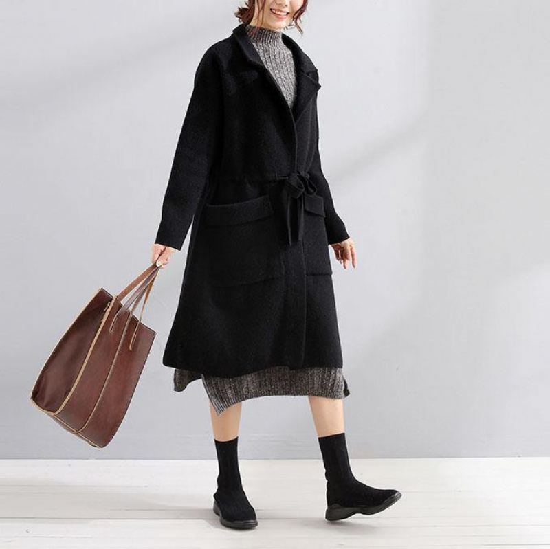 Manteau En Laine Noire Pour Femme Trench-coat Grande Taille Col Carré Cravate À La Automne - Noir