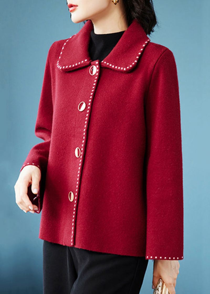 Manteau En Laine Patchwork Avec Poches Et Col Peter Pan Rouge Chic Automne - Manteaux en laine femmes