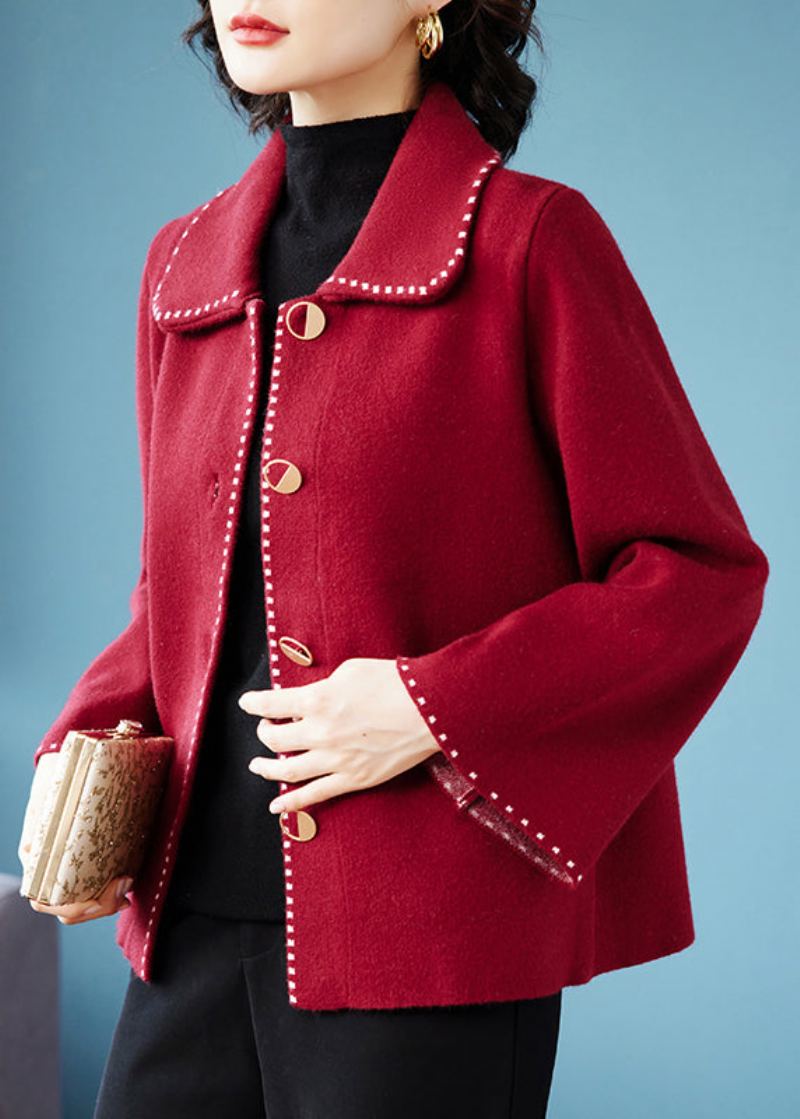 Manteau En Laine Patchwork Avec Poches Et Col Peter Pan Rouge Chic Automne - Manteaux en laine femmes