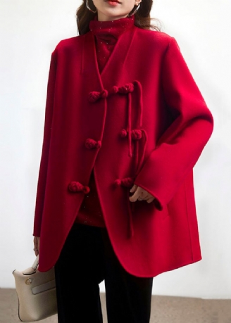 Manteau En Laine Patchwork Bouton Rouge Col En V Manches Longues