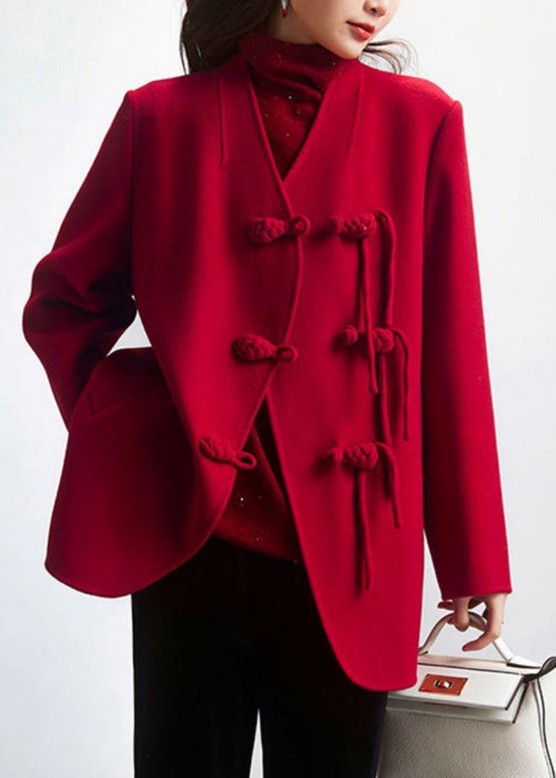 Manteau En Laine Patchwork Bouton Rouge Col En V Manches Longues - Manteaux en laine femmes