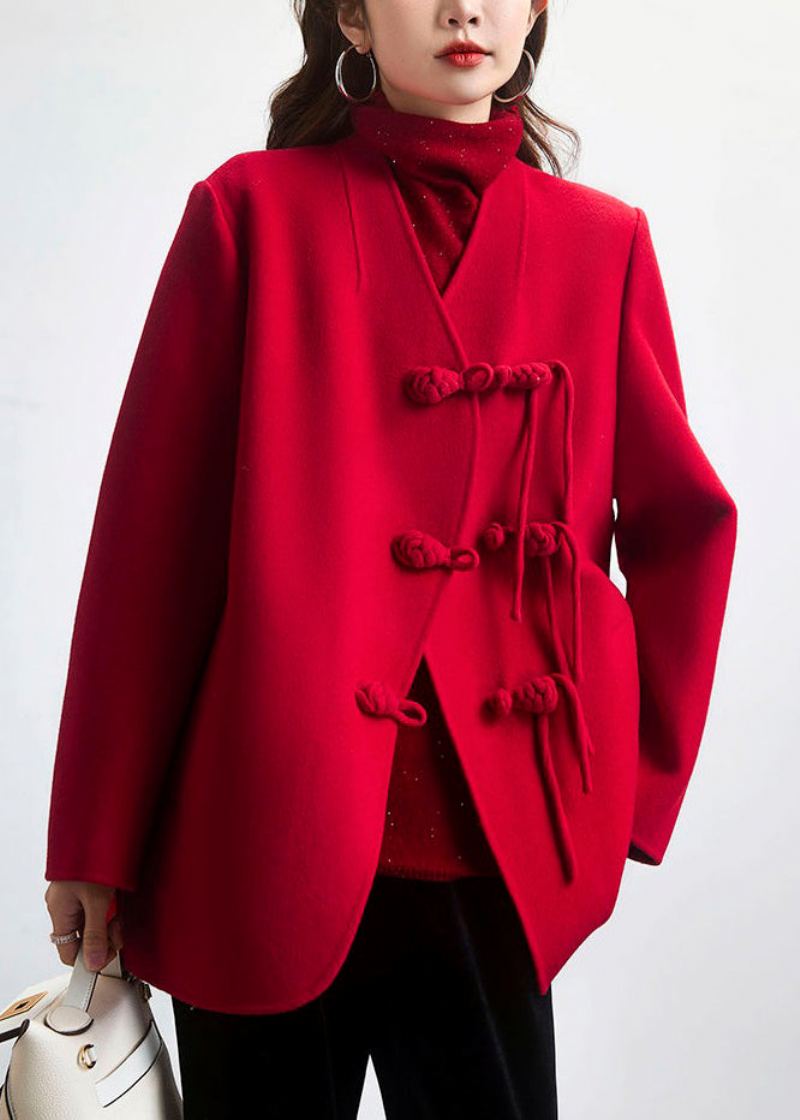 Manteau En Laine Patchwork Bouton Rouge Col En V Manches Longues - Manteaux en laine femmes