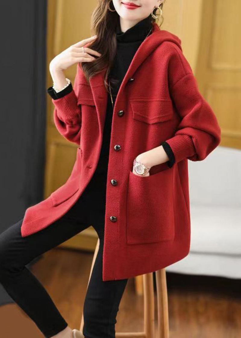 Manteau En Laine Patchwork Pour Femmes Rouge Poches À Capuche Automne