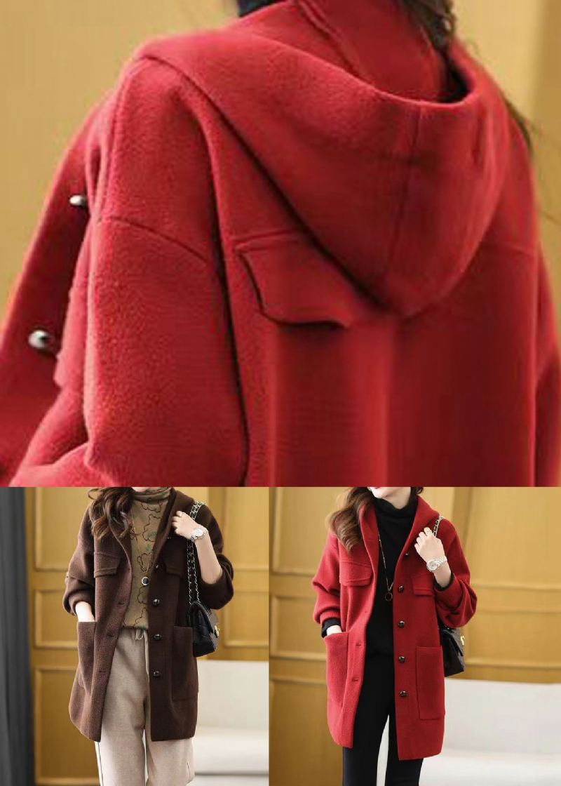 Manteau En Laine Patchwork Pour Femmes Rouge Poches À Capuche Automne - Manteaux en laine femmes