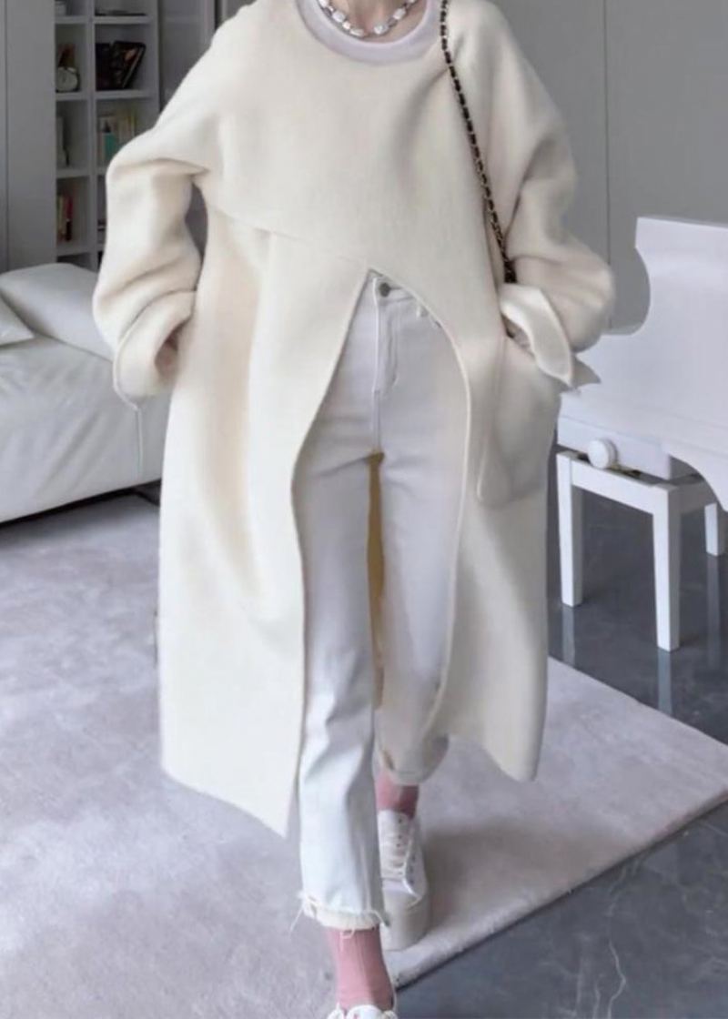 Manteau En Laine Surdimensionné Beige Italien Avec Poches Asymétriques Ouvertes Sur Le Côté Printemps