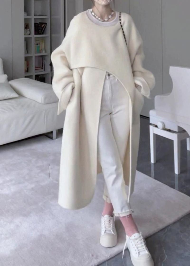 Manteau En Laine Surdimensionné Beige Italien Avec Poches Asymétriques Ouvertes Sur Le Côté Printemps - Manteaux en laine femmes