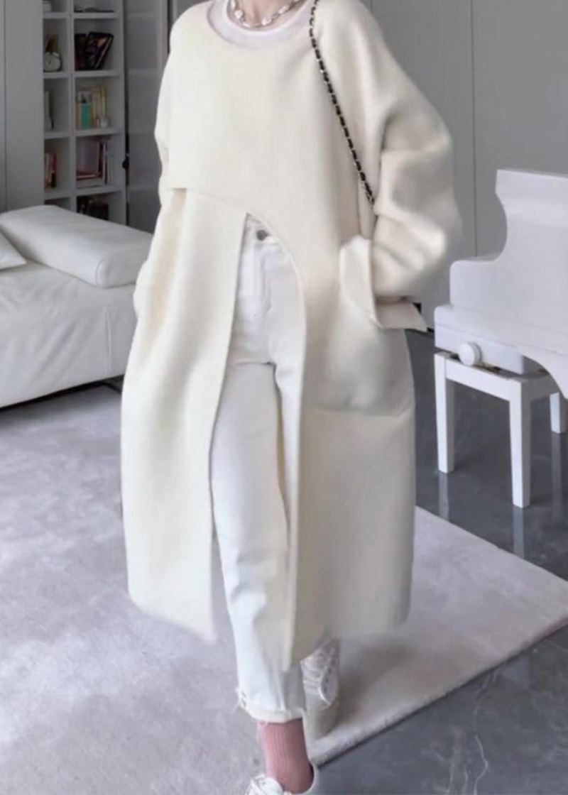 Manteau En Laine Surdimensionné Beige Italien Avec Poches Asymétriques Ouvertes Sur Le Côté Printemps - Manteaux en laine femmes