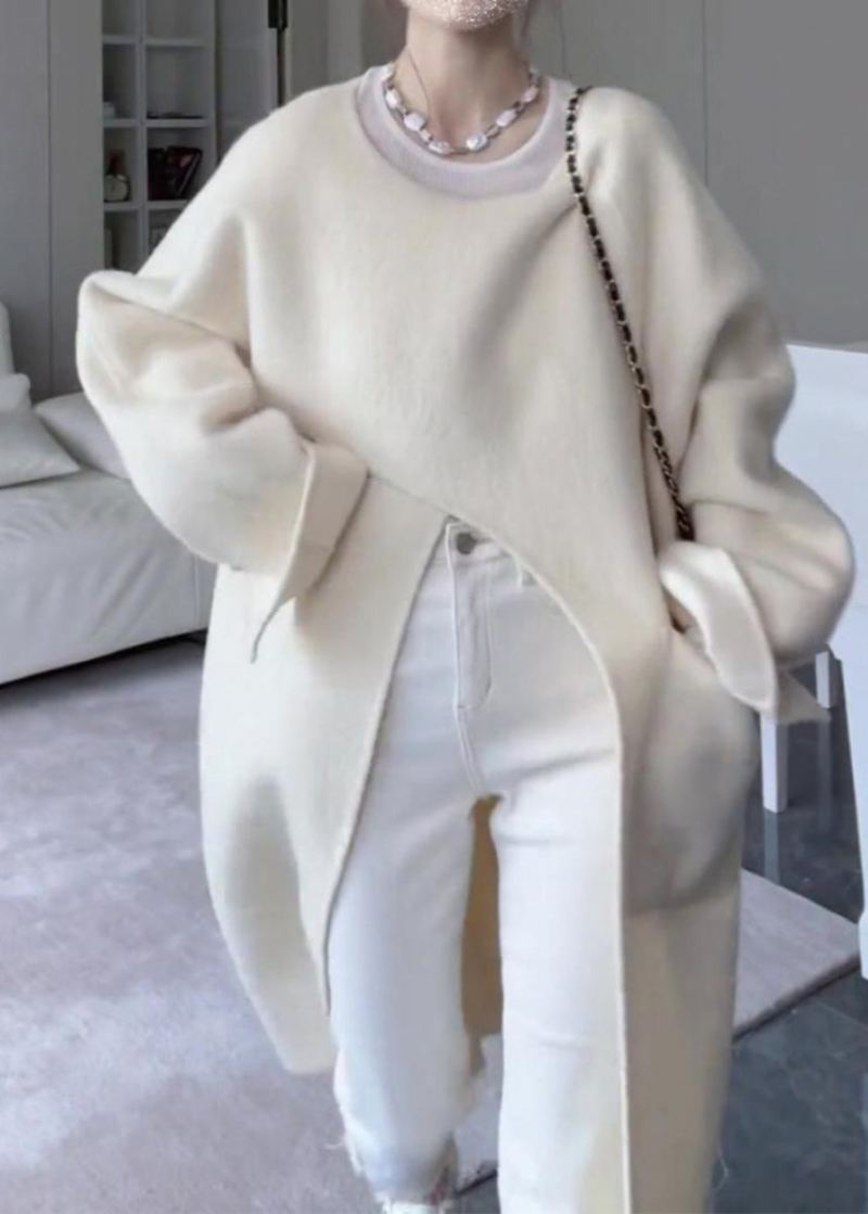 Manteau En Laine Surdimensionné Beige Italien Avec Poches Asymétriques Ouvertes Sur Le Côté Printemps - Manteaux en laine femmes