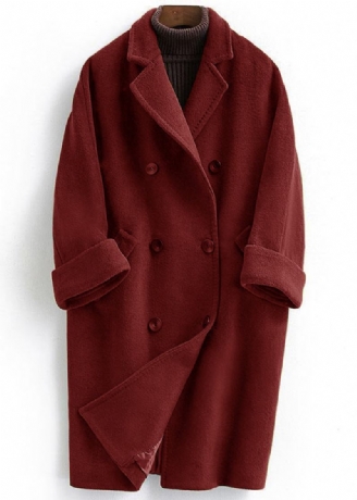 Manteau En Laine Tendance Grande Taille Long Double Poitrine Femmes Vin Rouge Manteaux Cranté