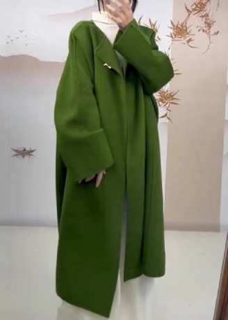 Manteau En Laine Vert Chic Avec Poches À Col Rond Grande Taille Automne