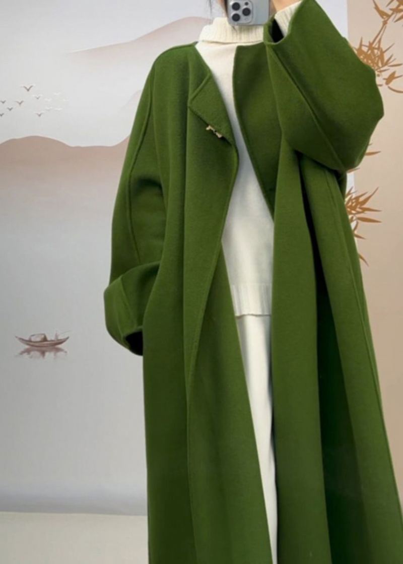 Manteau En Laine Vert Chic Avec Poches À Col Rond Grande Taille Automne - Manteaux en laine femmes