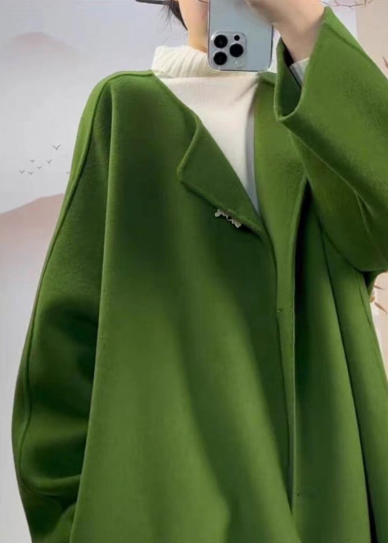 Manteau En Laine Vert Chic Avec Poches À Col Rond Grande Taille Automne - Manteaux en laine femmes