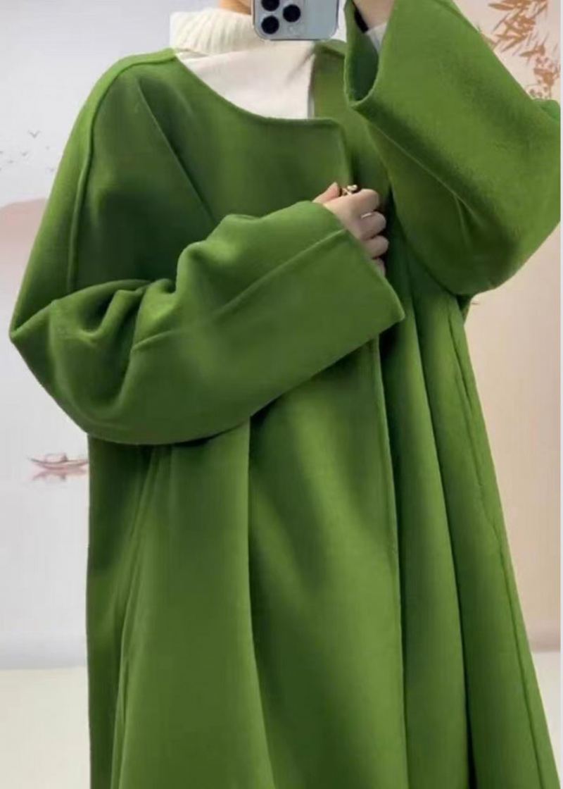 Manteau En Laine Vert Chic Avec Poches À Col Rond Grande Taille Automne - Manteaux en laine femmes