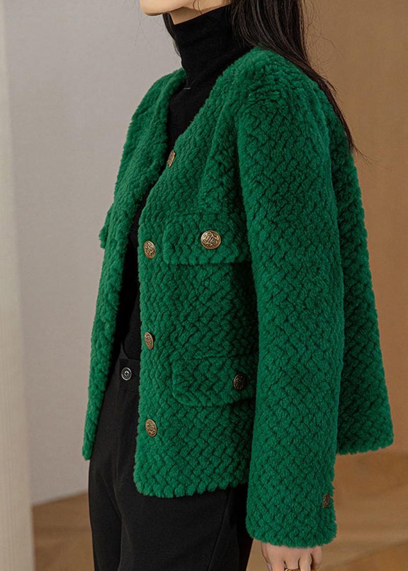 Manteau En Laine Vert Chic À Col Rond Et Boutons Manches Longues - Manteaux en laine femmes